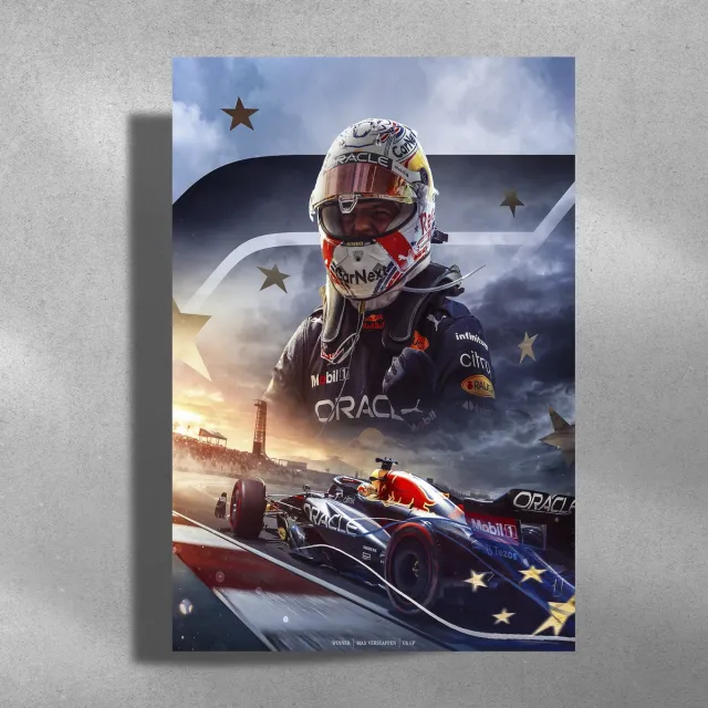 Luxe poster Max Verstappen - Metalen Poster 40x60cm - Winner US GP - Formule1 blauw