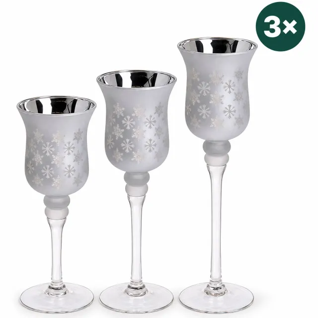 Levano Kandelaar Set van 3 - Kaarsenhouder Glas - Kerstdecoratie voor Binnen - Tafeldecoratie Kerst - Kaarsenstandaard - Glazen Kandelaar Zilver - Windlicht op Voet - Waxinelichthouder - Woondecoratie - Woonaccessoires - Winterdecoratie Zilver;Wit;Transparant