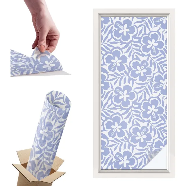 TULUP Raamfolie Anti inkijk - Hibiscusbloemen Privacy Folie Raam - 50x116 cm - Blauw Anti inkijk Folie - Raamfolie Tegen inkijk Glas in Lood - Voor de slaapkamer, badkamer en woonkamer. - Raamfolie Zonwering Blauw - Hibiscusbloemen