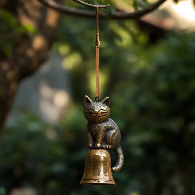 SKIEHAN Vintage kat windgong voor buiten – retro bronzen metalen kattenbel windgong – hangend ornament – tuin, terras- en tuindecoratie – schattige kat windgong – gedenkwaardig cadeau voor kattenliefhebbers(C)