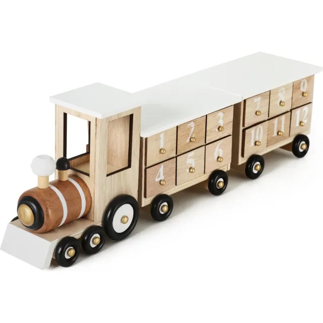 Brubaker Herbruikbare Houten Adventskalender zelf te vullen - Witte locomotief met 24 deuren - Doe-het-zelf-kalender 46 x 9,5 x 10,7 cm Trein