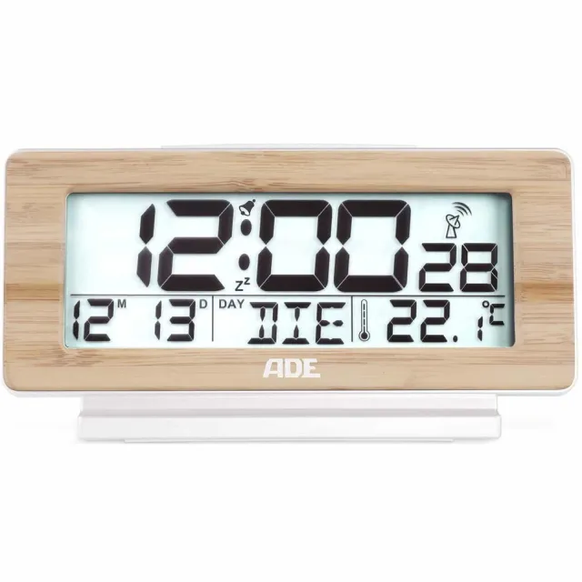 ADE Digitale Alarmklok Bamboe Radiogestuurd - Incl. 2x Aa Wit Bruin
