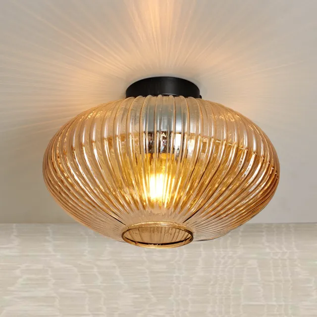 Xamo Plafondlamp Rond Amberglas -Ribbel - Hal - Woonkamer - Slaapkamer- Gang
