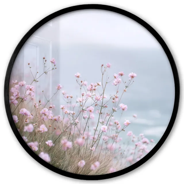 FrameYourWall Poster in lijst Rond - Fotolijst 40x40 cm - Posters - Klif - Bloemen - Zee - Roze - Ronde posterlijst zwart - Decoratie - Wanddecoratie woonkamer - Muurdecoratie slaapkamer