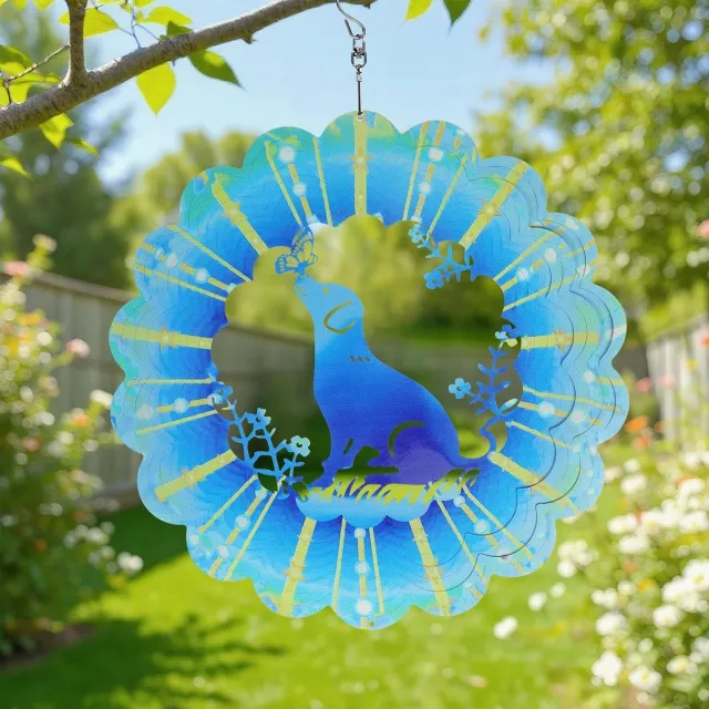 OEMG Blauwe hond windspinner, roestvrij staal, vogelverschrikker, hangdecoratie voor tuin, terras en balkon