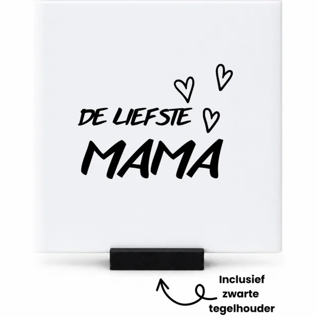 Hacebo De liefste mama met 3 zwarte hartjes tegeltje met tegelhouder - Moeder - Liefste mama - tegeltjes met tekst - moederdag cadeautje - Cadeau voor mama - Verjaardag - Geschenk - Cadeau - Gift - spreuktegels - 10.8x10.8 CM Wit