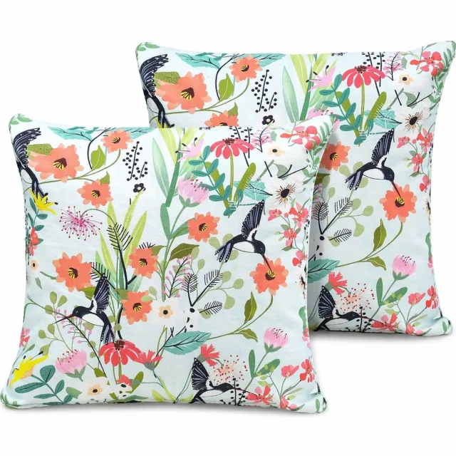 Urbane Hide Set van 2 Luxe Kussenhoezen 45x45 cm | Katoen Canvas Kussenhoes | Woonkamer Decoratie | Bloemen en Vogels Design | Digitale Print | Cushion Cover wit