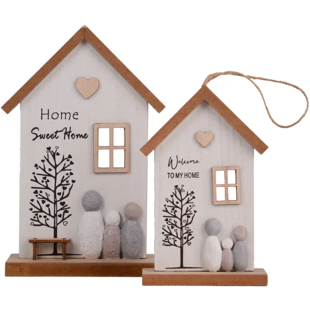 UNUS Houten decoratieset huismotief staander en hanger set van 2 Natur