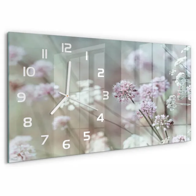 TULUP Wandklok - Wilde bloemen Decoratieve Glazen Klok - 60x30 cm - Wit Glazen Wandklok Design - Witte handen - Rechthoekige Klok - Glazen Klok Met Print - Wandklok Glas Met Motief