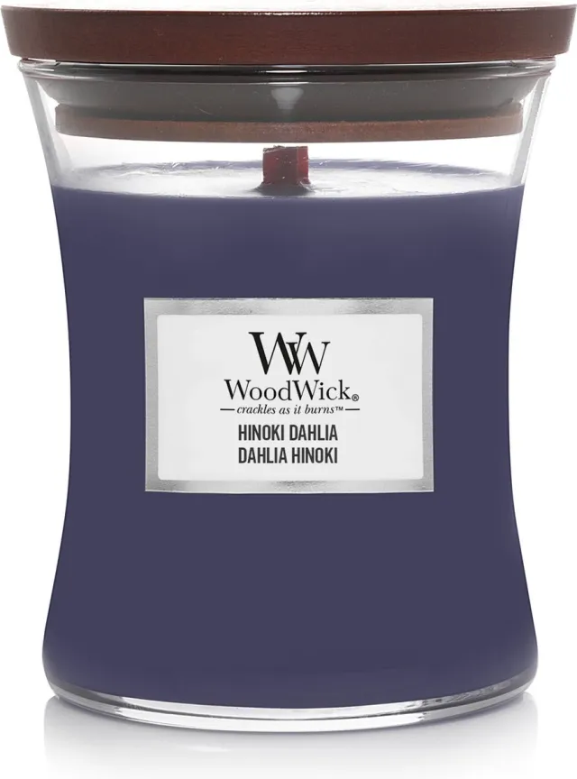 Woodwick Hourglass Medium Geurkaars - Hinoki Dahlia - 60 branduren Paars