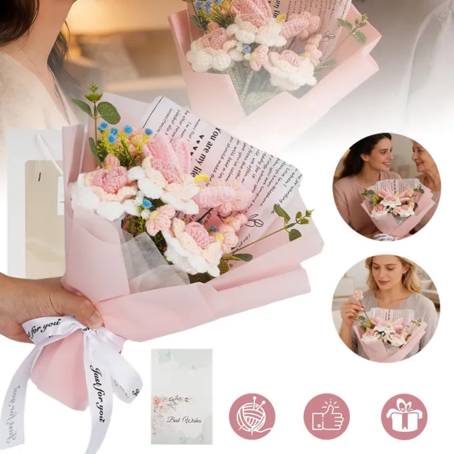 CHOOLY Handgemaakt Gehaakt Bloemenboeket Met Cadeautasje En Wenskaart - Uniek Rozenontwerp Decoratief Middelpunt Voor Thuis - Voor Verjaardagen, Bruiloften En Speciale Gelegenheden Gemengde Kleuren