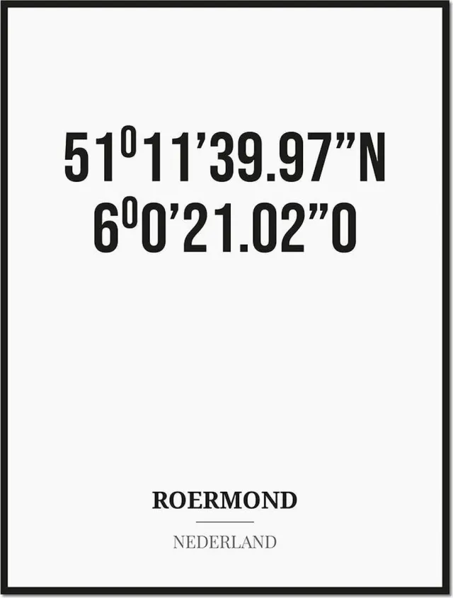 Studio216 Poster/kaart ROERMOND met coördinaten zwart, wit