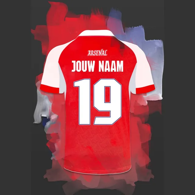 Arsenal ingelijste poster met personalisatie - Met eigen naam en rugnummer - A3 formaat - 29.7x42 cm - Semi/ glossy papier - Voetbal shirt poster - Geïnspireerd op de kleuren van Arsenal en een beetje fantasie Donkergrijze achtergrondkleur