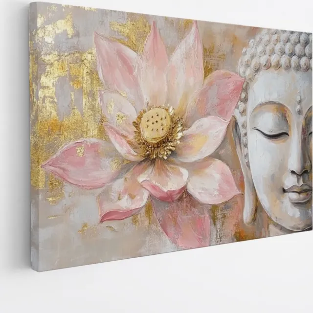 Saammp Canvas Schilderij - Boeddha - Roze Lotus Bloem - 45x30 - Foto op canvas - Wanddecoratie - Muurdecoratie Woonkamer - Canvas schilderijen Multicolor