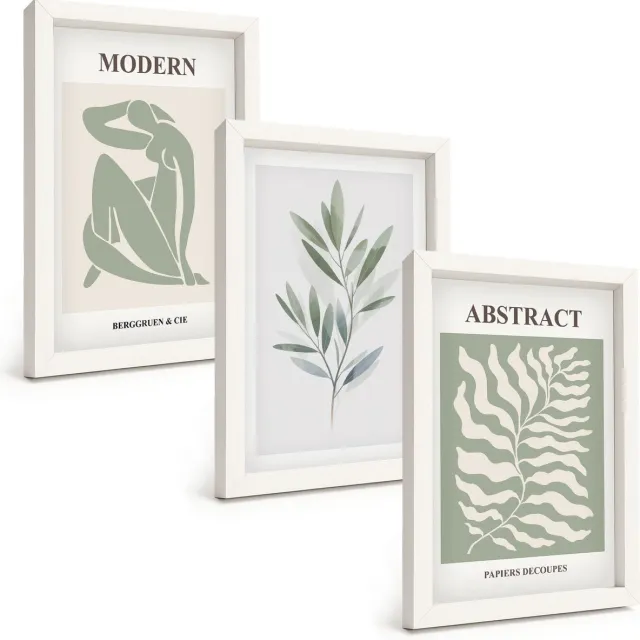 TULUP 3-Delige Schilderij Set - Matisse Design Aquarel Boho Planten - 20x30 - Muurdecoratie - Wanddecoratie - Hal Witte lijst