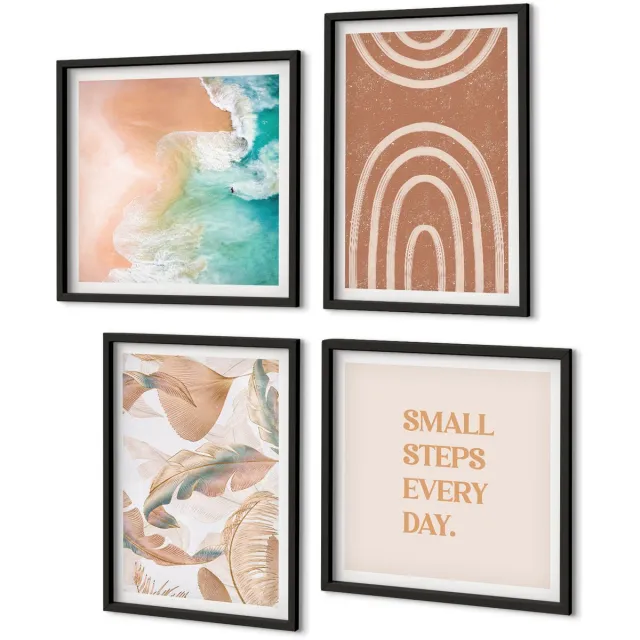 Coloray 4-Delige Schilderij Set - Verfijnde Abstracte Boho-Motieven, Bladeren En Letters - 40 x 40 cm En 40 x 60 cm - Wanddecoratie - Schilderijen Set - Interieur Zwarte lijst