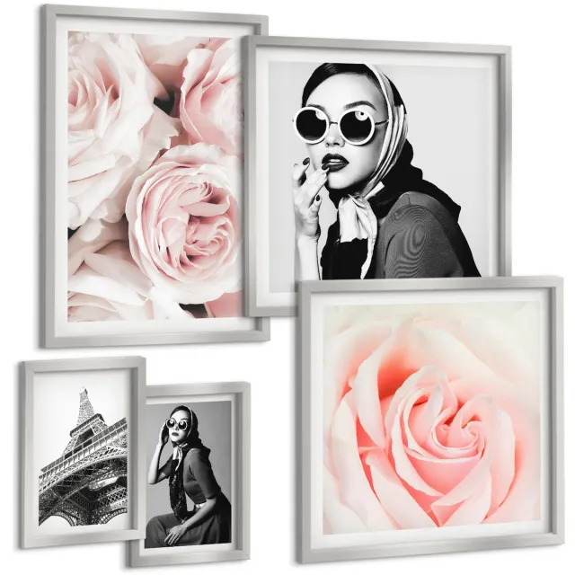 TULUP 4-Delige Schilderij Set - Stijlvolle portretten en romantische rozen in een elegante editie. - 50 x 50 cm, 20 x 30 cm en 40 x 60 cm - Moderne Wanddecoratie - Woonkamer Zilveren lijst