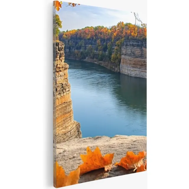 Saammp Canvas Schilderij - Rode Bladeren op Rots - Natuur - Landschap - 80x120 - Foto op canvas - Wanddecoratie - Muurdecoratie Woonkamer - Slaapkamer decoratie - Canvas Print Multicolor