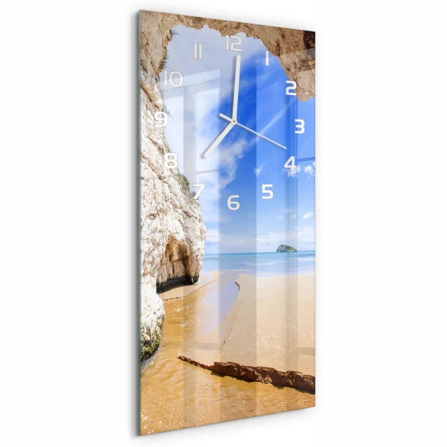 TULUP Wandklok - Grot aan zee Glazen Wandklok Design - 30x60 cm - Beige Klok Glas Met Opdruk - Witte handen - Rechthoekige Klok - Wandklok Glas Met Motief - Decoratieve Glazen Klok