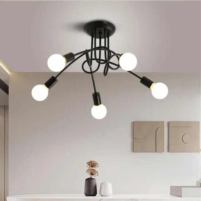 Haobosic Plafondlamp in industriële stijl, moderne hanglamp van smeedijzer, zwarte E27-plafondlamp met 5 lampen voor woonkamer, slaapkamer en keuken (lamp niet inbegrepen) Black