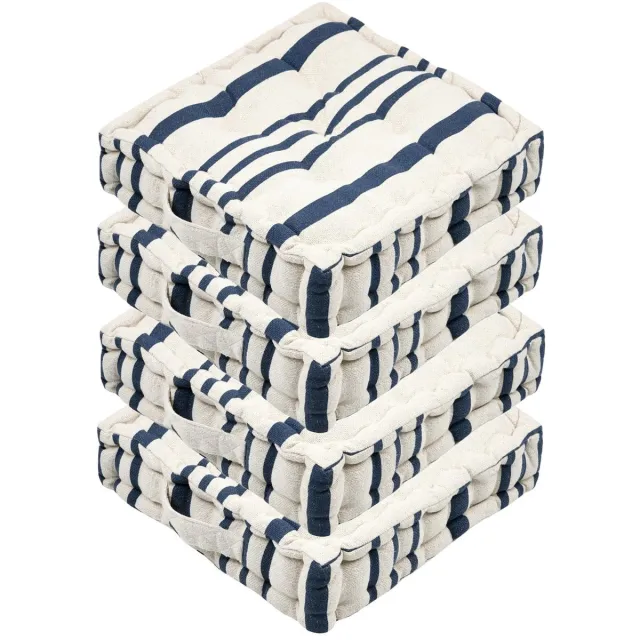 Stof Textile Vloerkussen Beach - 4x - creme wit/blauw - katoen - 45 x 45 x 10 cm - Extra dik - extra zitplaatsen - spelen - gamen - relaxen