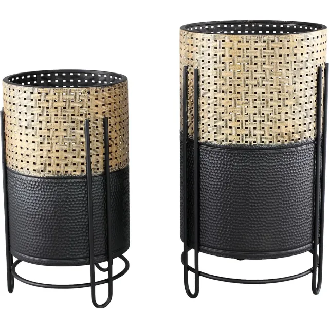 PTMD COLLECTION PTMD - Nery zwart metalen Vaas met gouden top op zwarte voet - set van 2 stuks XL potten - Nery black iron pot gold top on foot round set 2