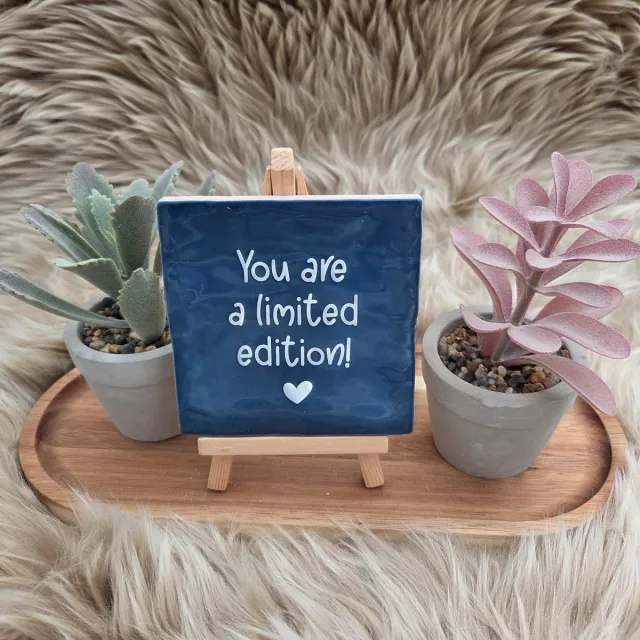 CreaCraft Robuust Wenstegeltje – You Are a Limited Edition – Speels – Hip trendy tegeltje – 10x10 cm – Uniek Cadeau voor Vriendin, Juf, Tante, Zus of Collega – Stijlvolle Woondecoratie met Boodschap – Trendy nu – Decoratief Tegeltje met Standaard – Cadeau Idee donkerblauw/wit