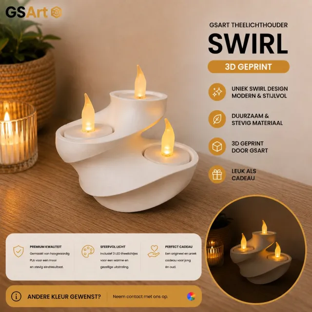 GSArt Theelichthouder Swirl – 3D Geprint – Inclusief 3 LED Theelichtjes - Mat Wit