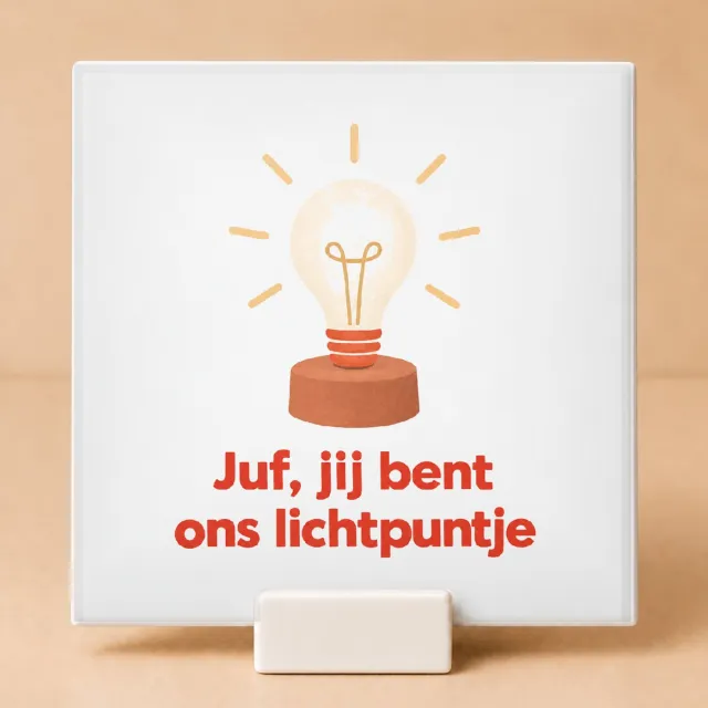 Bedruk King Rustgevende Tegel 'Juf, jij bent ons lichtpuntje' – Sfeervolle Gouache Decoratie voor Liefdevolle Juffen - 11 x 11 cm met houder Wit