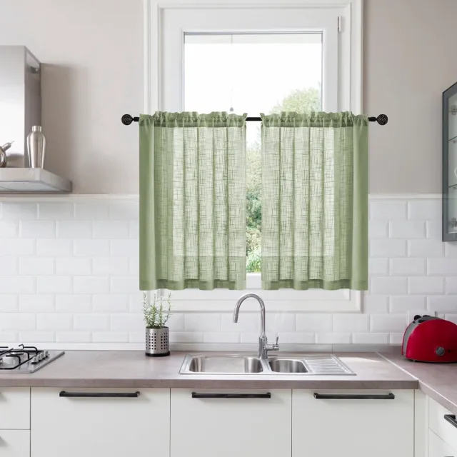 Ulisem Korte Vintage Stijl Half Transparante Gordijnen - Set Van 2 - Voor Keuken Badkamer Slaapkamer - Lichtdoorlatend - Privacy - Wasbaar - Groen - 63,5 X 78 Cm