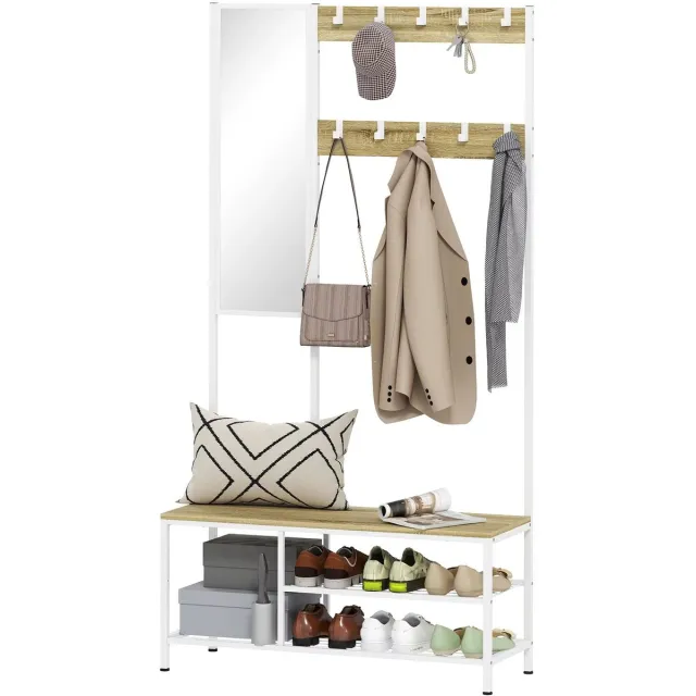 CreateEcom Kapstok - kledingrek - garderobe - 198cm vrijstaande houten kledingkast - met kapstok, spiegel en bankje - voor gang of slaapkamer - wit