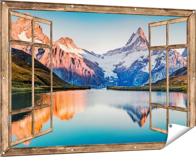 Gards Tuinposter Doorkijk Bergen Landschap bij het Meer - 150x100 cm - Tuindoek - Tuindecoratie - Wanddecoratie buiten - Tuinschilderij Licht bruin
