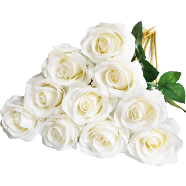 Famanu Kunstrozen zijden bloemen bruidsboeketten met enkele lange plastic stengels voor arrangement bruiloft tafel middelpunt feest woondecoratie (wit)