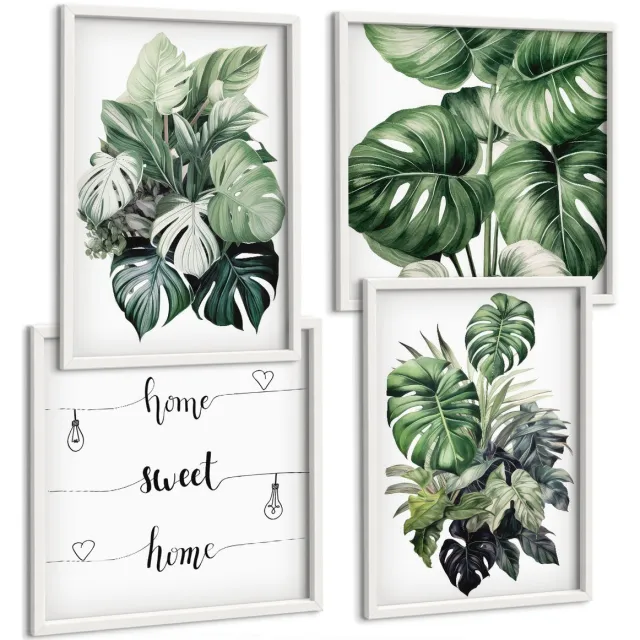 Coloray 4-Delige Schilderij Set - Groene Bladeren Van Tropische Planten, Aquarelverf - 40 x 40 En 40 x 60 - Wanddecoratie - Schilderijen Set - Interieur - Woonkamer Decoratie Witte lijst