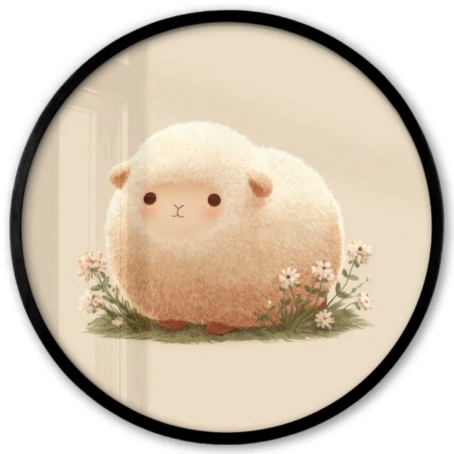FrameYourWall Poster in lijst Rond - Fotolijst 40x40 cm - Posters - Schaap - Beige - Bloemen - Ronde posterlijst zwart - Decoratie - Wanddecoratie woonkamer - Muurdecoratie slaapkamer Schaap - Bloemen