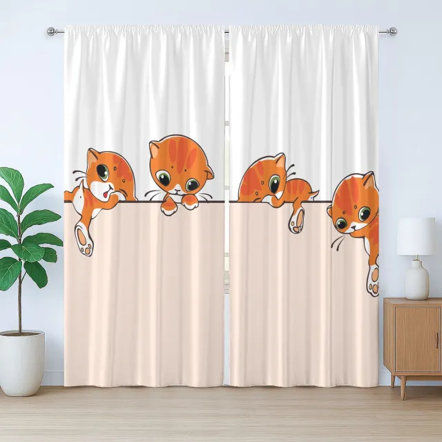 ABAKUHAUS Rustiek kattengordijn, banner met kleine kittens, universeel wandgordijn met lussen en haken , 280 x 245 cm, Oranje Crème Wit
