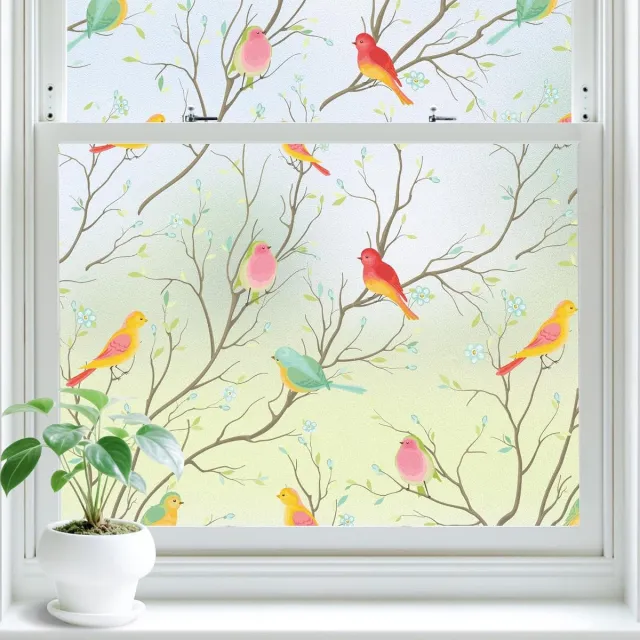 KZQ Zelfklevende Raamfolie Melkglas 44,5x100 cm - Decoratieve Zonwerende Folie met Vogelmotief - Statische Privacyfolie zonder Lijm Meerkleurig