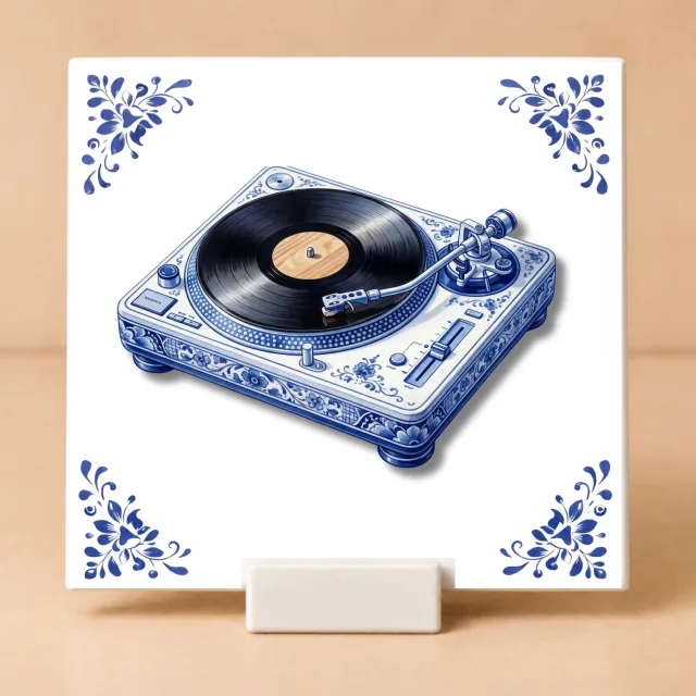 Bedruk King Delftsblauw Tegeltje 11x11 Platenspeler met Houdertje – Cadeau voor Vinylliefhebber of Muziekfan