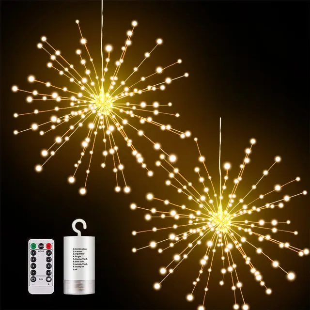 MUPOO Buitenverlichting Kerst - LED Vuurwerk Lichtslinger - 200 LED lampjes - Warm Wit - met afstandsbediening - 8 modi - Op Batterij - Kerstversiering Buiten - Set van 2 stuks