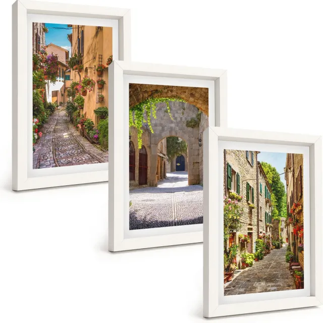 TULUP 3-Delige Schilderij Set - Italiaanse straten met bloemen en architectonische landschappen - 20x30 - Muurdecoratie - Interieur Decoratie Witte lijst