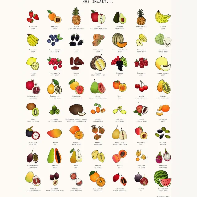 Annette Andela Illustratie AAI - Poster - Hoe smaakt... Fruit - 40x50 cm Fruitposter