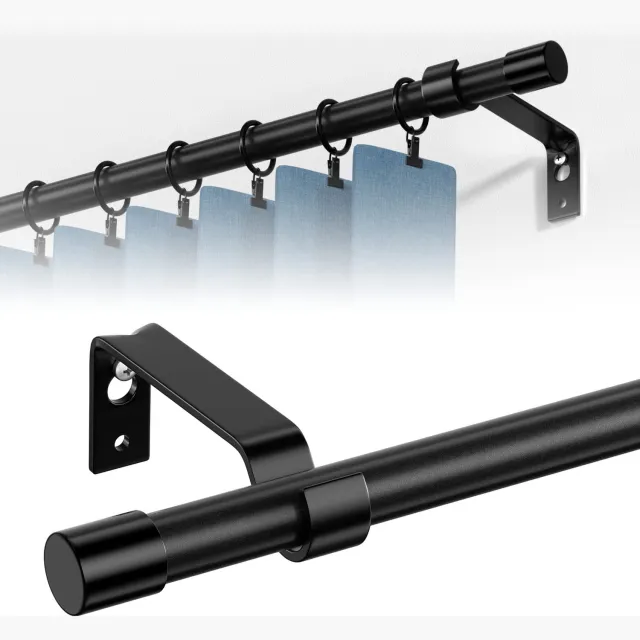 Famanu Zwarte gordijnroede voor ramen van 71 tot 122 cm, 1,6 cm diameter, metalen gordijnroedeset met beugel, zwaar belastbaar en verstelbaar voor diverse ruimtes