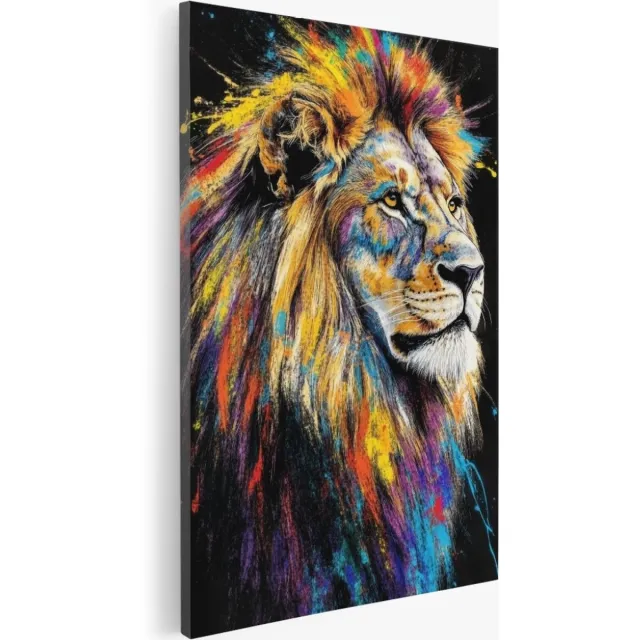 Saammp Canvas Schilderij - Abstract - Leeuw - Verfspetters - Dieren - Kleurrijk - 50x70 - Foto op canvas - Wanddecoratie - Muurdecoratie Woonkamer - Slaapkamer decoratie - Canvas Print Multicolor