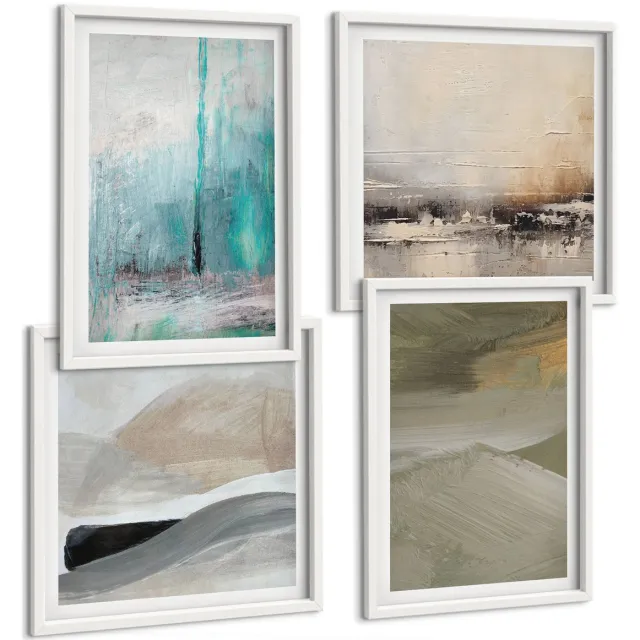 Coloray 4-Delige Schilderij Set - Geschilderde Abstracte Minimalistische Decoraties - 40 x 40 En 40 x 60 - Muurdecoratie - Schilderijen Set - Woonkamer - Wanddecoratie Witte lijst