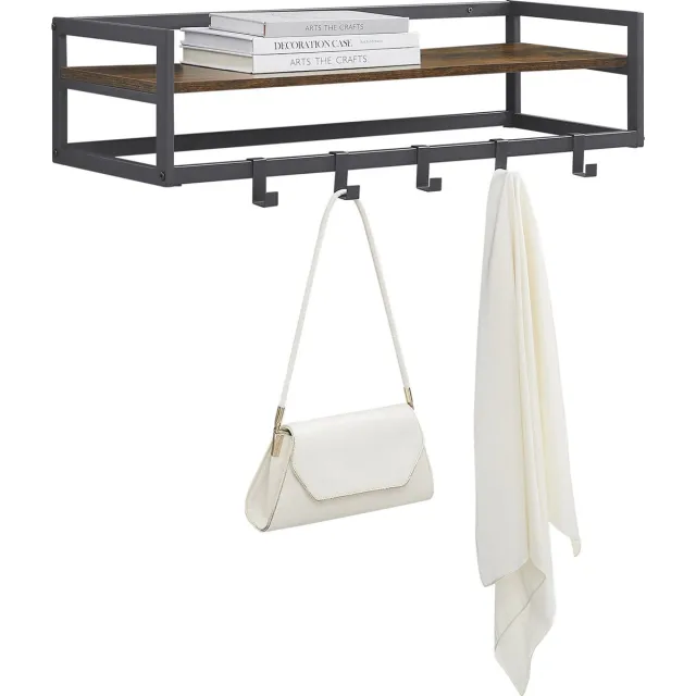 MAZAZU MIRA Home Wandkapstok met Plank - Kapstok met 6 Haken - Hout en Metaal - 80x30x20 cm - Bruin/Zwart