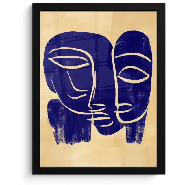 FrameYourWall Poster in lijst - Fotolijst 30x40 cm - Posters - Okergeel - Blauw - Eenvoudige lijnen - Posterlijst zwart - Decoratie - Wanddecoratie woonkamer - Muurdecoratie slaapkamer Lijnen - Gezichten