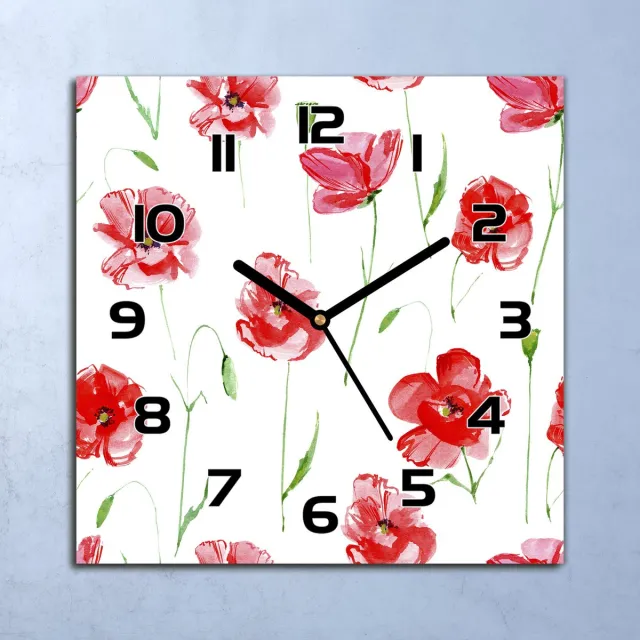 Coloray Wandklok - Rode klaprozen Glazen Klok - 30x30 cm - Rood Wandklok - Wandklok Vierkant - Wandklok Industrieel - Wandklok Keuken - Stille Wandklok Rood - Rode klaprozen - Zwarte Handen
