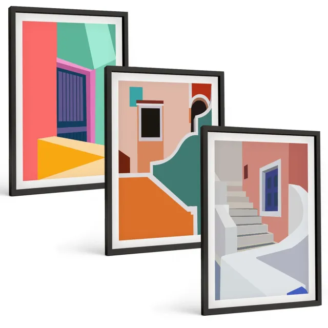 TULUP 4-Delige Schilderij Set - Kleurrijke illustraties van gebouwen in een moderne stijl. - 40 x 60 cm - Schilderijen Set - Wanddecoratie - Woonkamer - Decoratieve Schilderijen Zwarte lijst