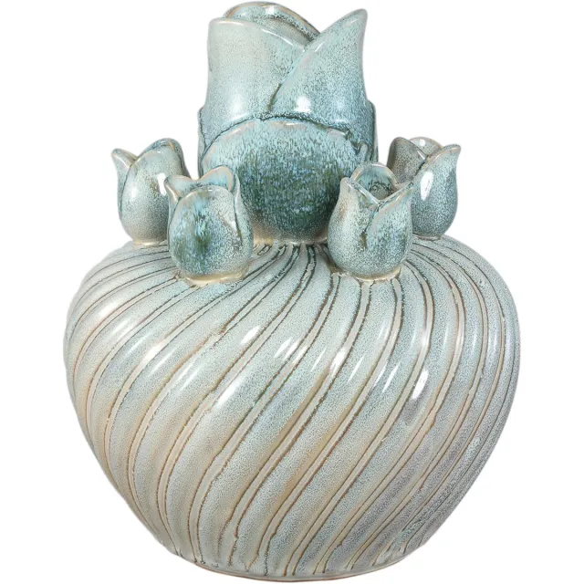 PTMD Mailia Turquoise Ceramic Round Tulip Vase Swirl Blauw