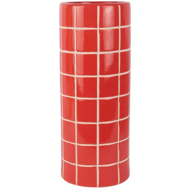 Present Time Vaas Retro Tiles - Helderrood - Ø15cm - Keramiek - Modern - Bloemenvaas - Woondecoratie - Decoratieve vaas voor woonkamer of slaapkamer